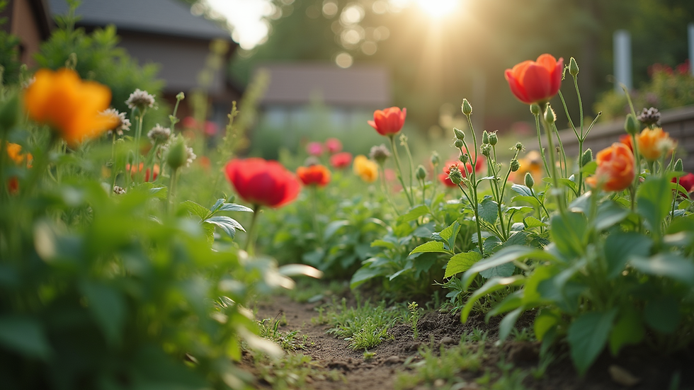 Eye-level view of a community garden with diverse plants