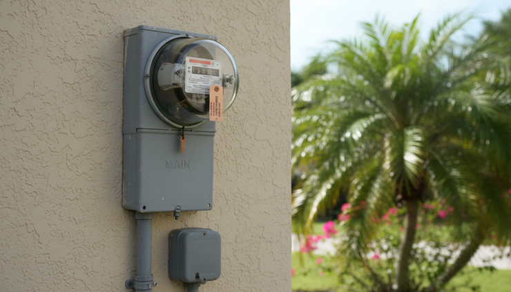 Close-up view of an outdoor electric meter on a stucco Florida wall