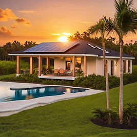 Solar Energy system on a home in Florida by the ocean with palm tress with a beautiful ev
