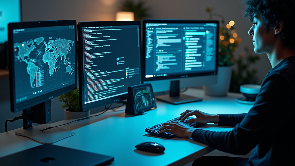 High angle view of a modern workspace with AI tools on display