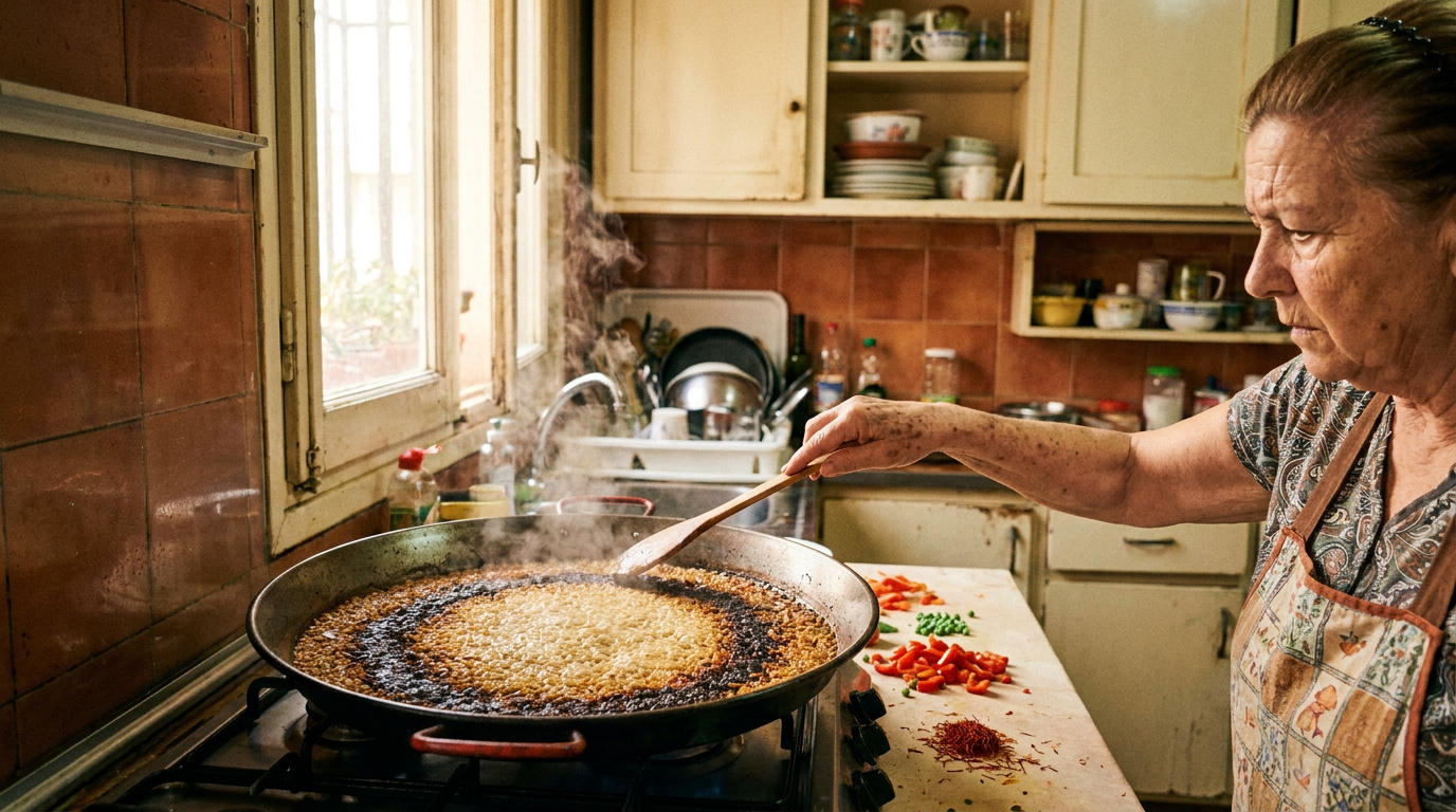 Manuel's forty-five-minute paella (he has timed every step)