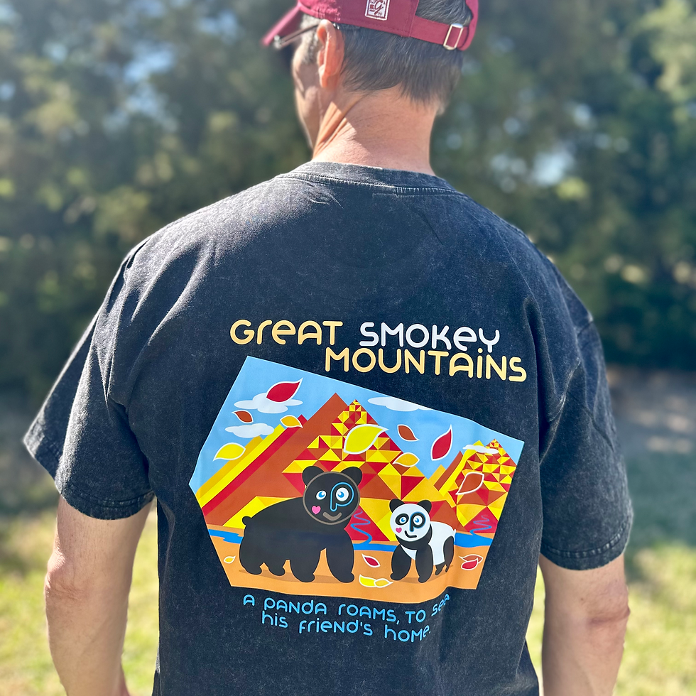 Thumbnail: Great Smokey Mountains Panda &  Black Bear Design on T-Shirt Back View Close-Up Outdoors