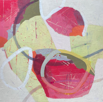 Layers of luminous pinks, warm corals, muted olive greens, and pale citron evoke the fleeting palette of fall