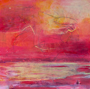 Saturated fields of crimson, coral, and rose fill the canvas, creating an atmosphere that feels both expansive and intimate