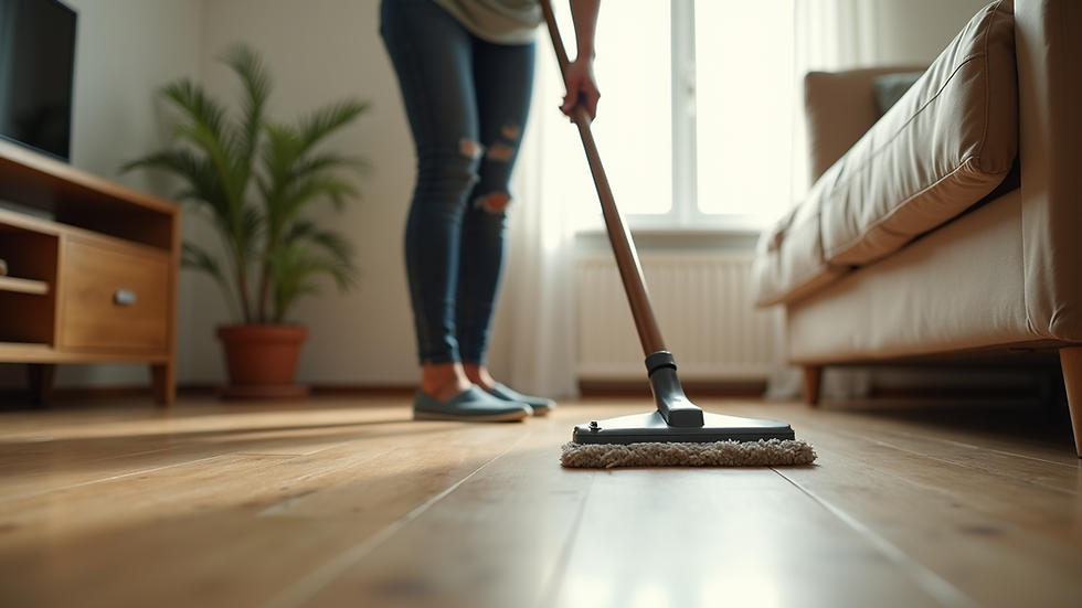 Close-up view of a maid cleaning a living room floor