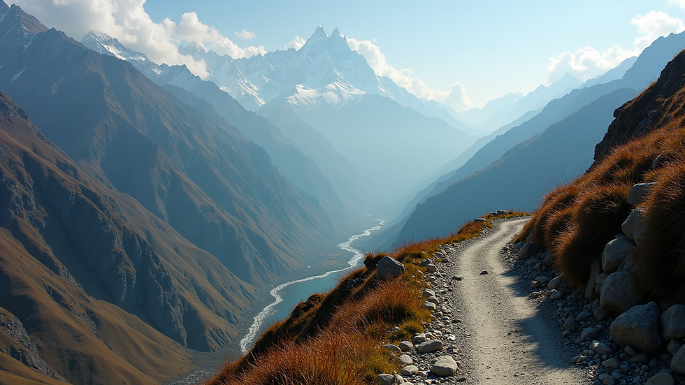 High angle view of a trekking trail winding through the Himalayan mountains