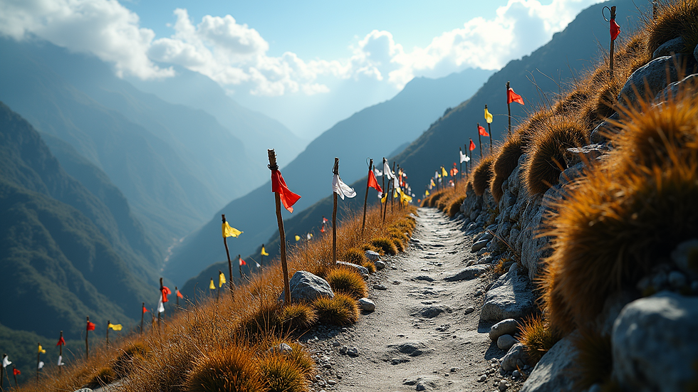 Eye-level view of a mountain trail with prayer flags and rocky path