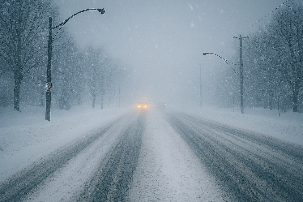 Foggy road with snow-covered trees and streetlights. Car headlights pierce the heavy snowfall. No parking sign is visible. Cold atmosphere.