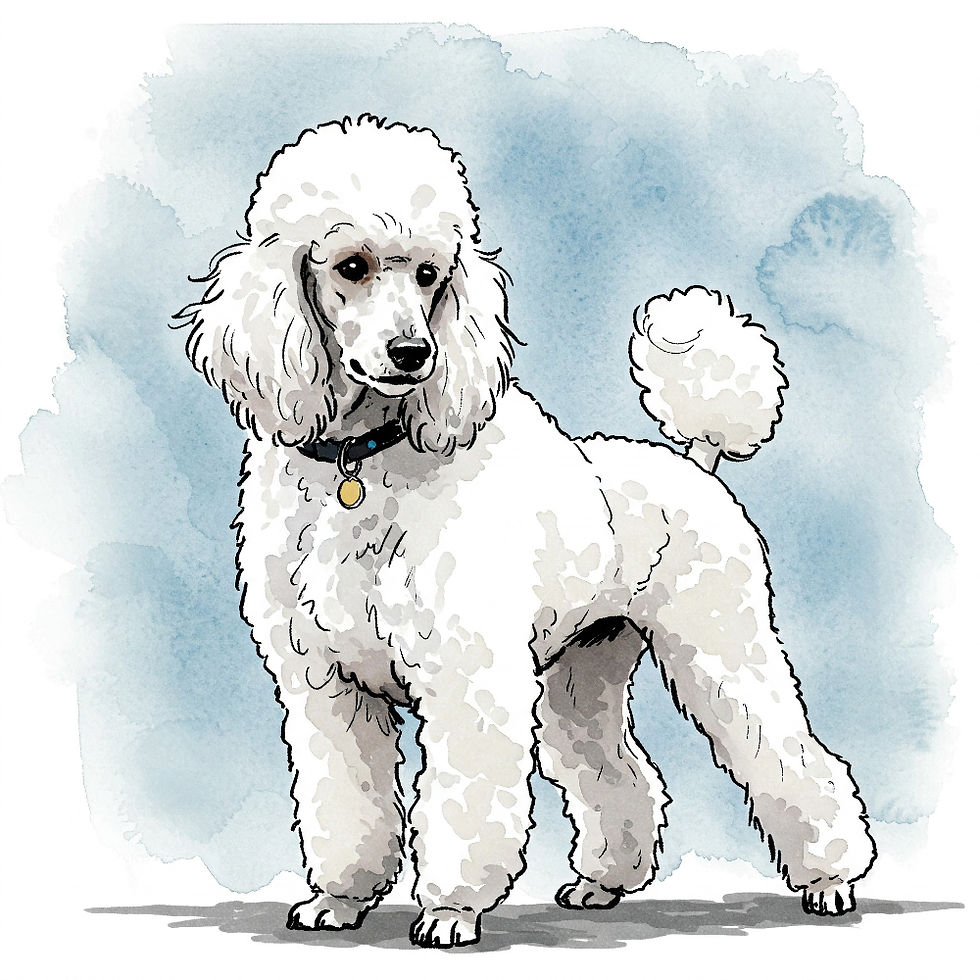 An elegant white poodle standing confidently against a soft blue background, showcasing its fluffy coat and poised demeanor.