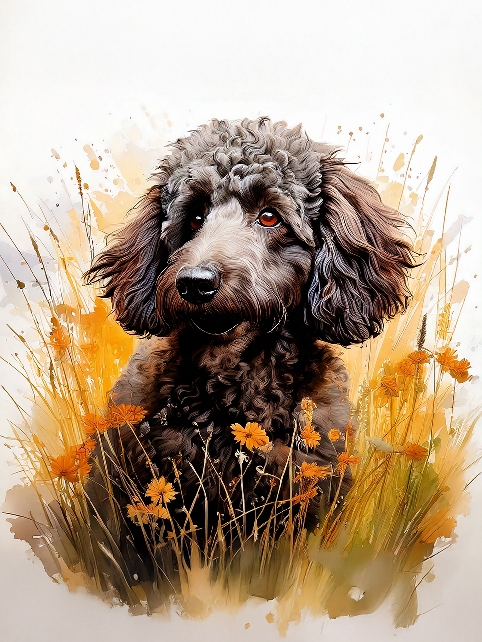 Curly-haired dog surrounded by orange flowers and grass. Vibrant colors, serene atmosphere, and painterly style on white background.