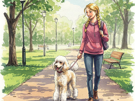 A woman with braided hair walks a fluffy white dog on a leash through a sunny park. She's wearing a pink hoodie, and there's greenery around.