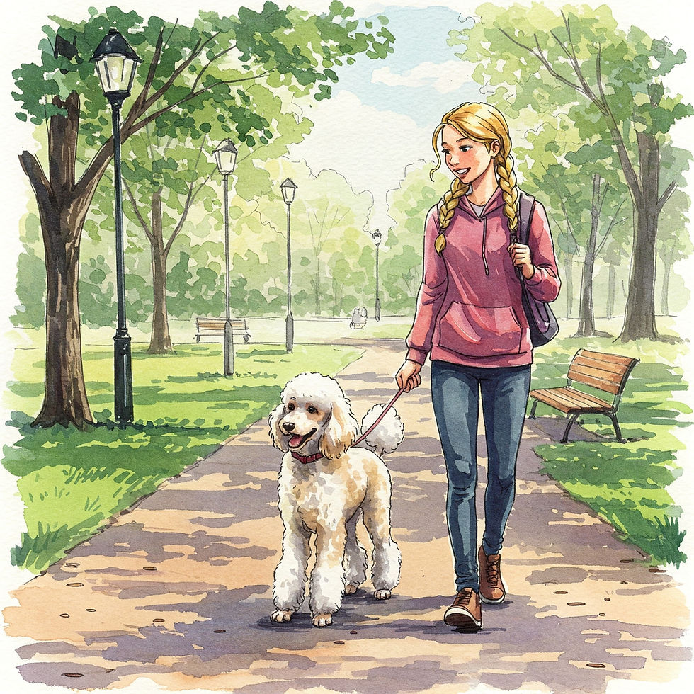 A woman with braided hair walks a fluffy white dog on a leash through a sunny park. She's wearing a pink hoodie, and there's greenery around.