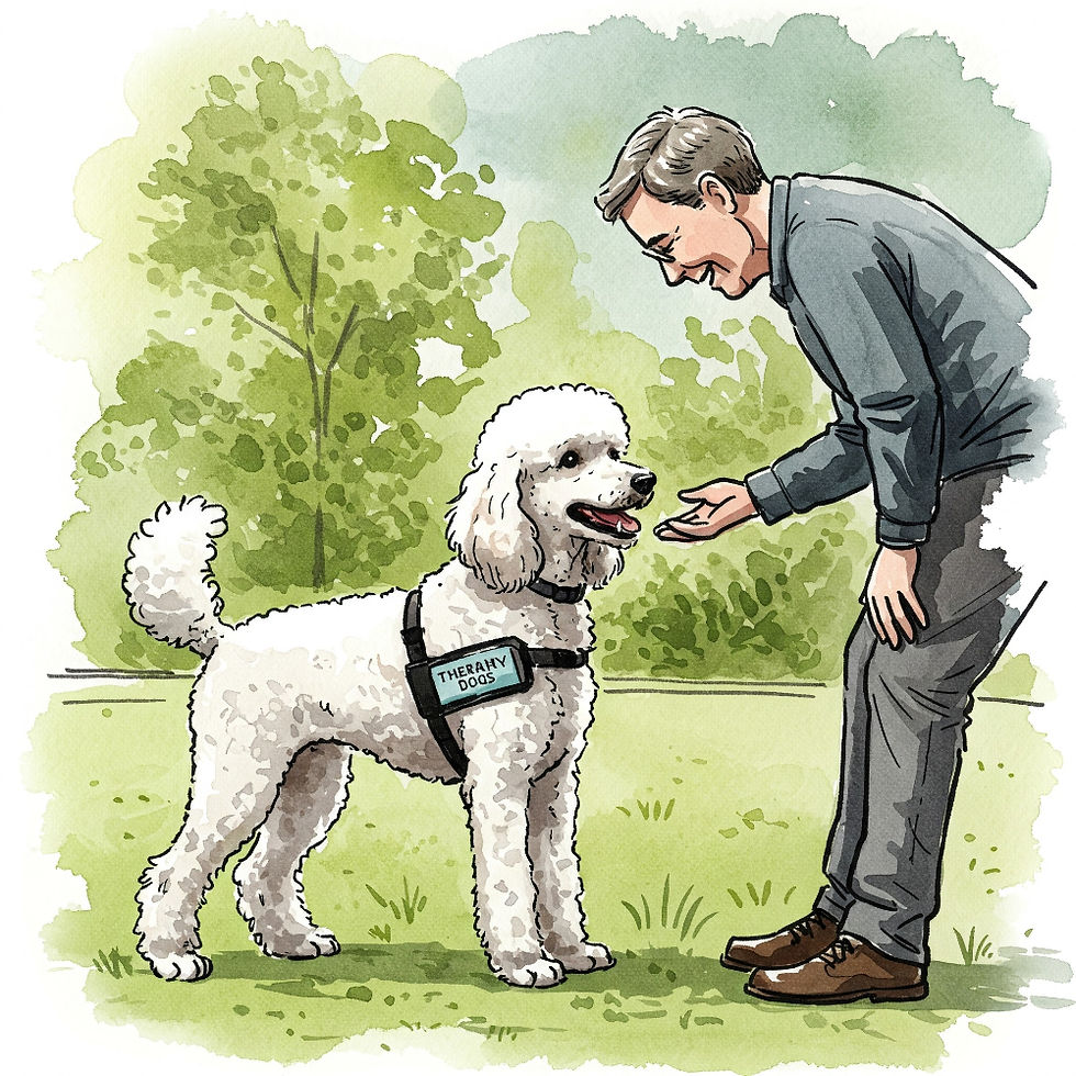A therapy poodle engages with a man in a park, providing comfort and companionship on a sunny day.
