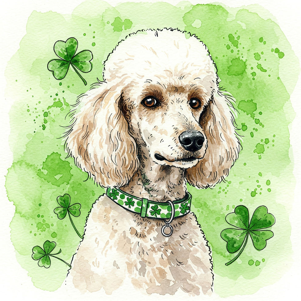 Festive poodle adorned with shamrocks, celebrating St. Patrick's Day with a touch of charm and loyalty.