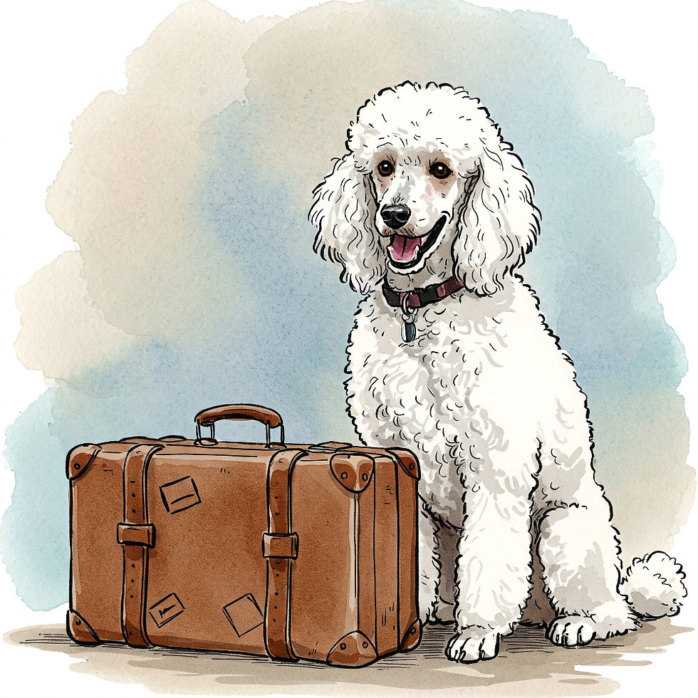 Eager for an adventure, this poodle sits excitedly next to a suitcase, the ideal travel companion.
