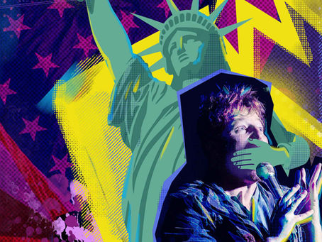 Pop-art collage of a comedian with microphone before the Statue of Liberty, her hand over his mouth. Neon stars on a vivid purple-yellow background.