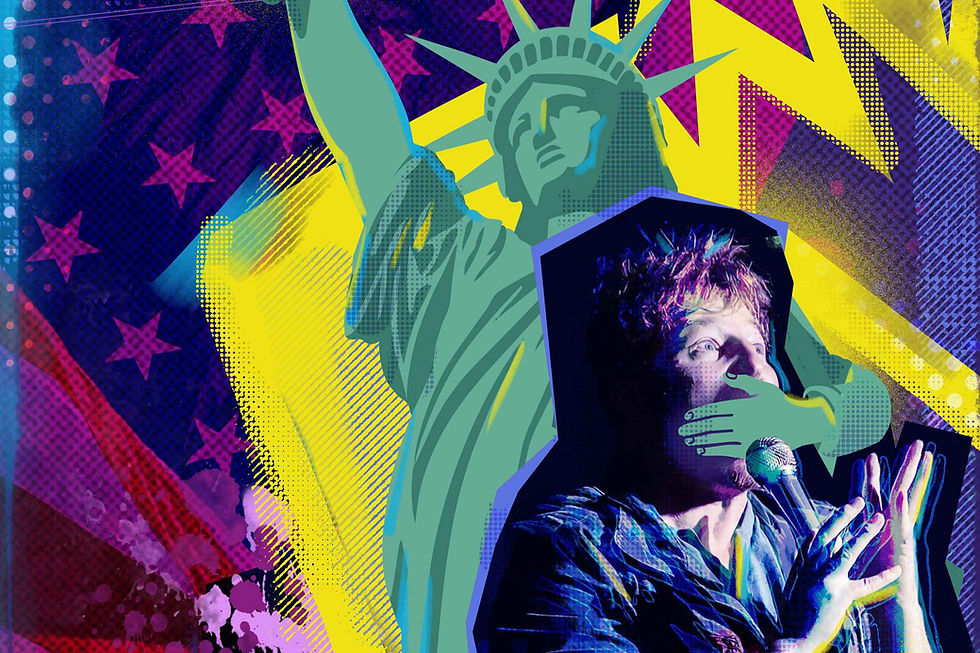 Pop-art collage of a comedian with microphone before the Statue of Liberty, her hand over his mouth. Neon stars on a vivid purple-yellow background.