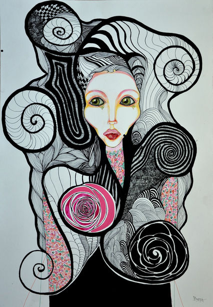 Vyara Tichkova, Vyara Art, vya-art, woman, ink, tempera, face, portrait, hair, black, white, pink, roses, hairstyle
