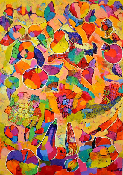 Vyara Tichkova, Vyara Art, Vyara-art, oil on canvas, ink, color, fruits, pears, apples, grapes, peppers, cauliflower, cabbage, eggplant, corn, onion, pumpkin, carrot, garlic, leaves, vegetables, nature,