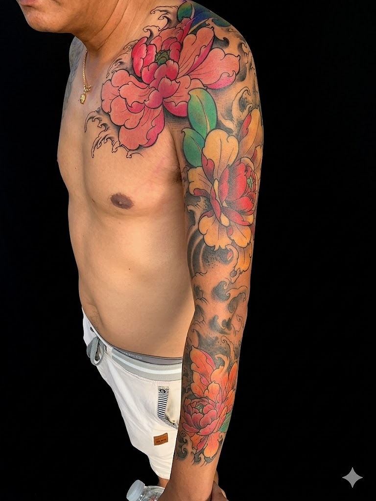Transformation of the body into a masterwork of art with the best traditional Japanese Irezumi full sleeve tattoo from Phuket’s top studio in Patong. This vibrant, custom-designed masterpiece features iconic Peony flowers (symbolizing wealth and honor), expertly blended with powerful flowing waves and cloud patterns in rich black-grey shading. The detailed color gradients and smooth transitions define this premium Japanese bodysuit art. For clients seeking high-quality Traditional Japanese tattooing in Phuket, Thailand, our expert artists bring ancient symbols to life against a clean black backdrop. Book your consultation today at Patong’s leading custom tattoo studio, Bless You Studio.