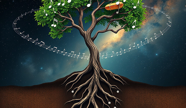 earth, soil, seeds, music, notes, tree, music notes as branch or fruits, freedom, universe