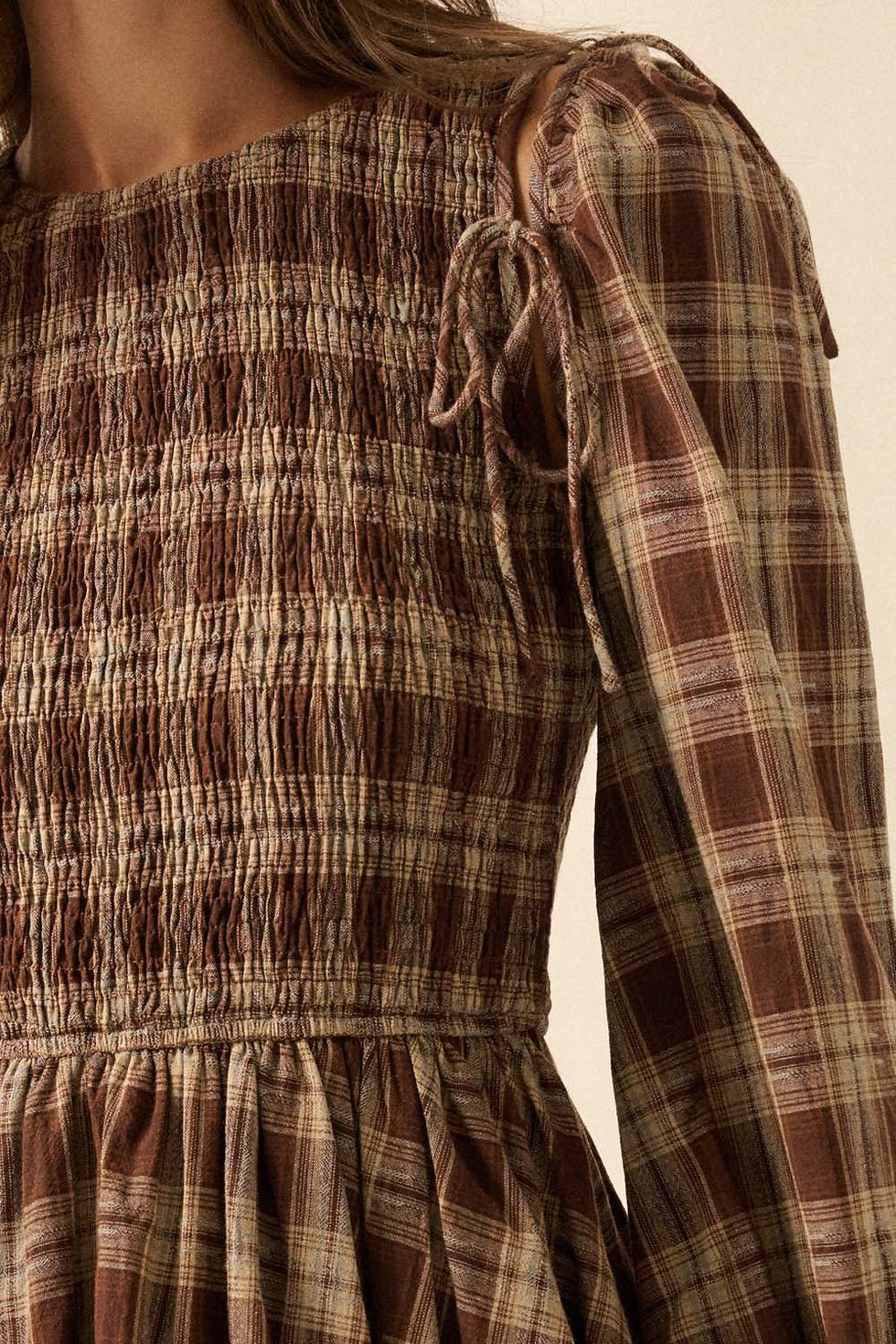 Thumbnail: Brown Plaid Smocked Blouse