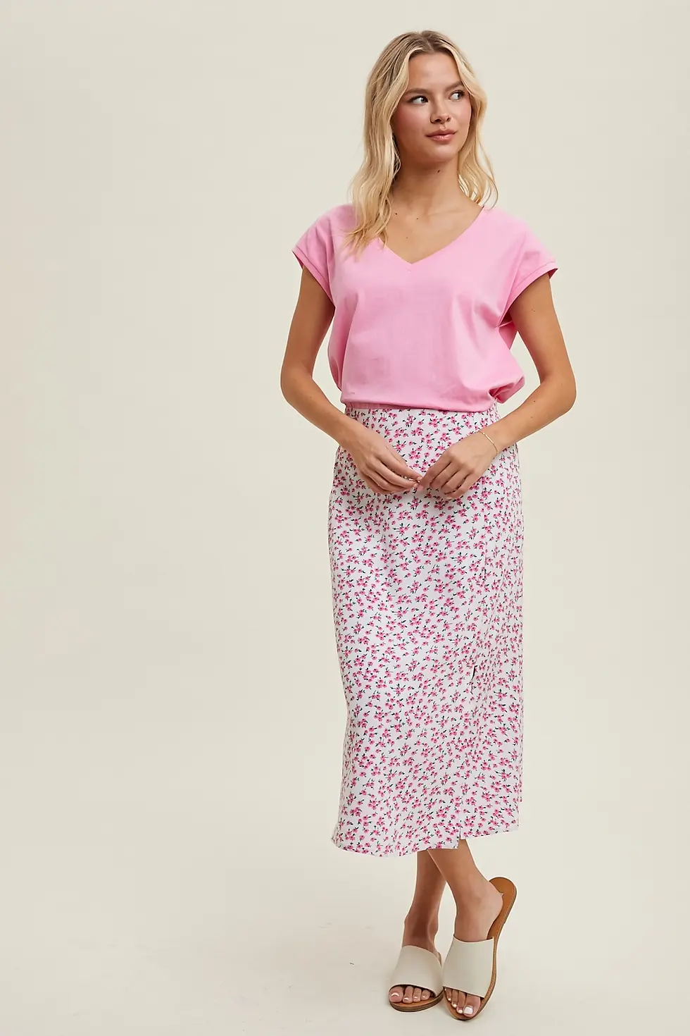 Thumbnail: White & Pink Floral Midi Skirt