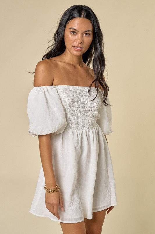 Thumbnail: White Balloon Sleeve Smocked Dress