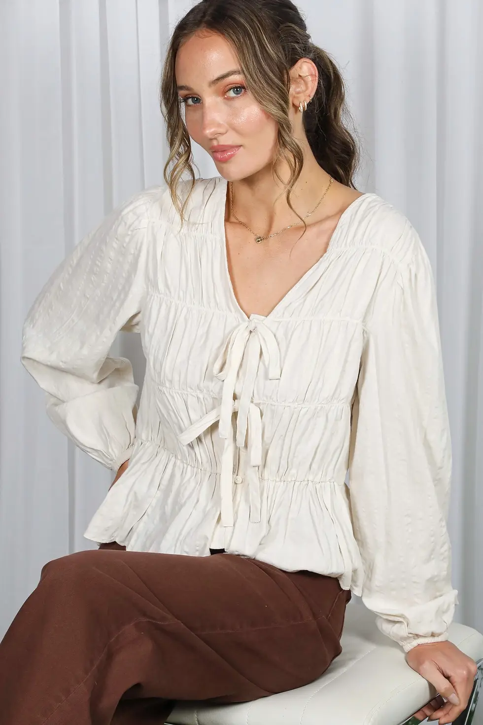 Thumbnail: Ivory Front Tie Blouse