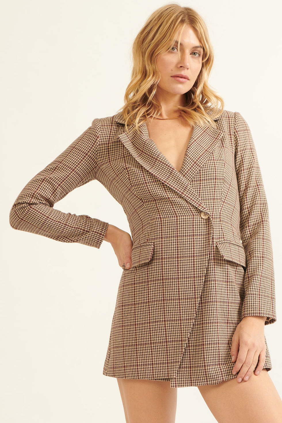 Tan Plaid Blazer Romper Dress