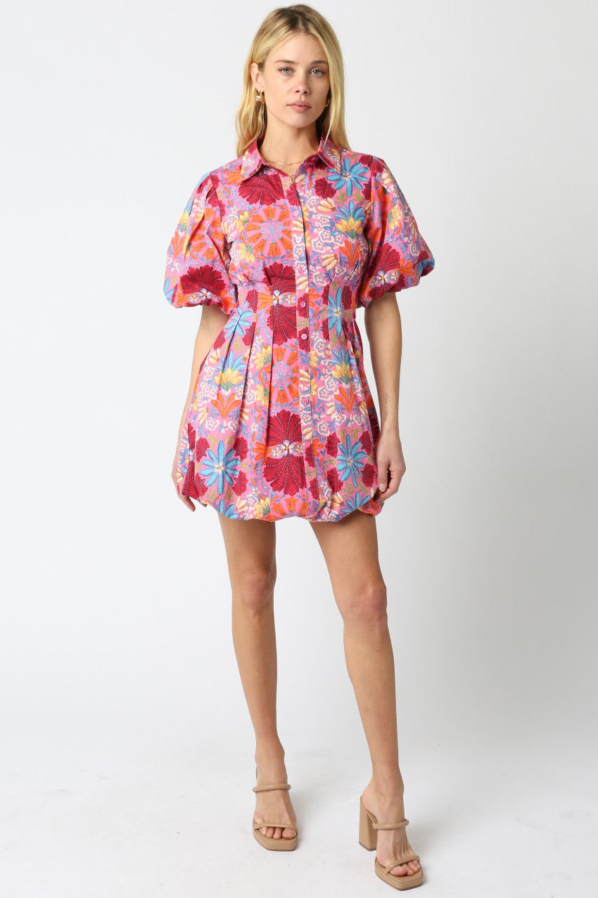 Thumbnail: Pink Floral Puff Sleeve Dress