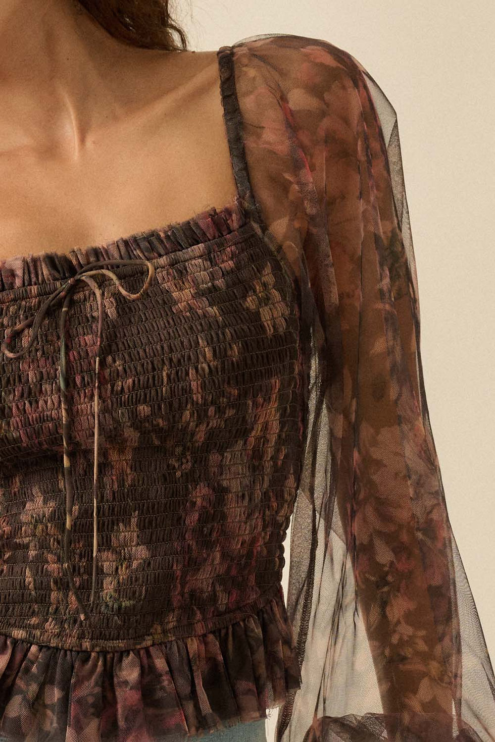 Thumbnail: Floral Smocked Mesh Blouse