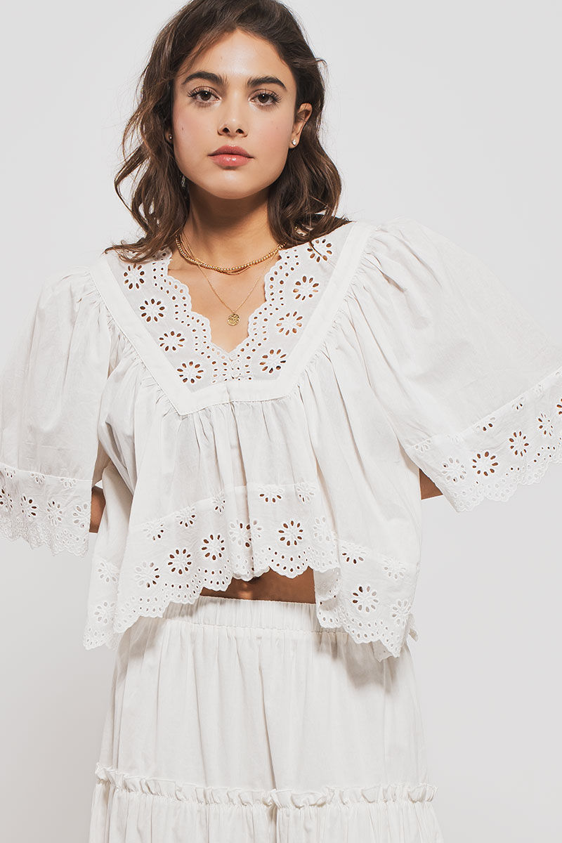 White Scallop Trim Eyelet Blouse