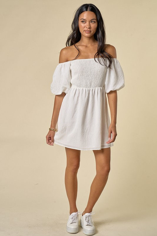 Thumbnail: White Balloon Sleeve Smocked Dress