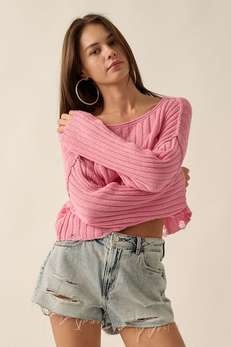 Thumbnail: Hot Pink Ribbed Knit Sweater