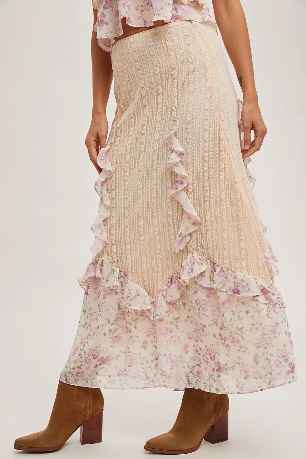 Thumbnail: Cream Lace Floral Ruffle Maxi Skirt
