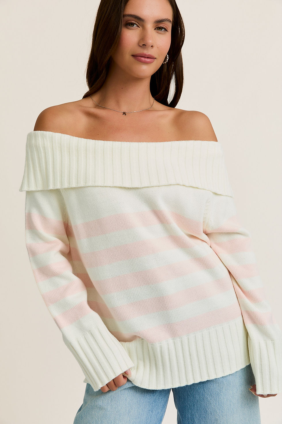 Thumbnail: Ivory & Pink Stripe Off Shoulder Sweater