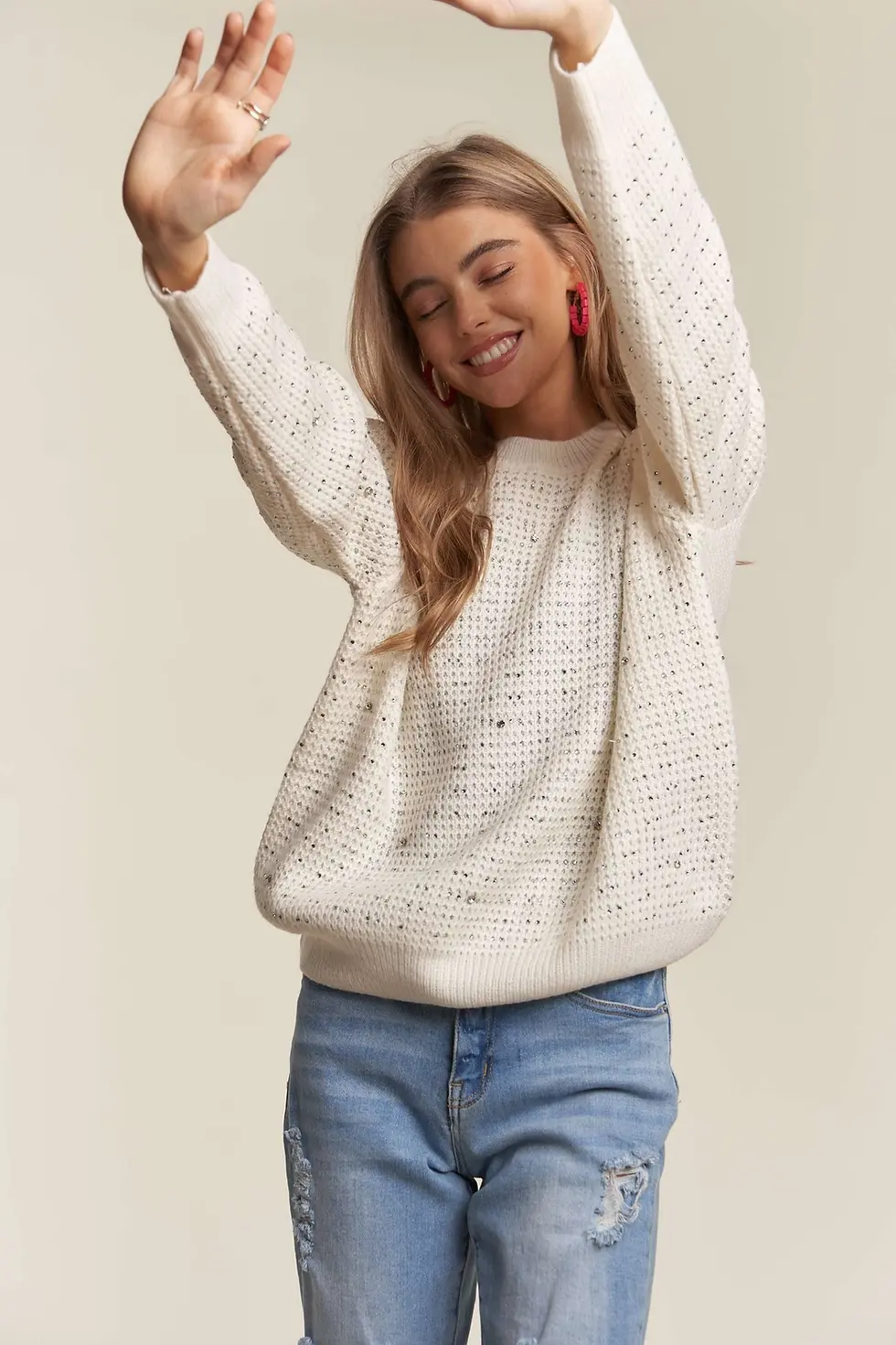 Thumbnail: Ivory Rhinestone Knit Sweater