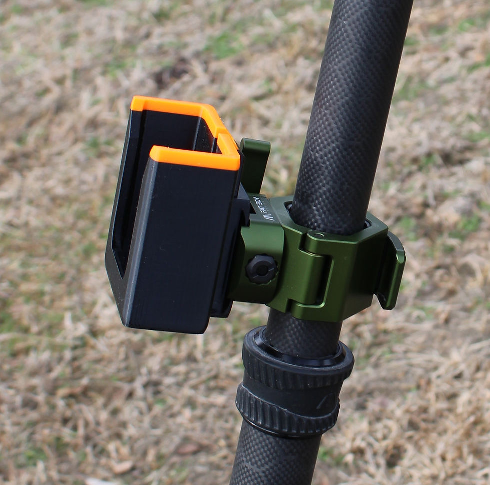 Thumbnail: ICOtec GCX E-caller remote holder attached to tripod via Fatboy thick grip mount
