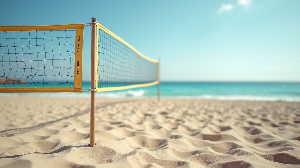 Eye-level view of a beach volleyball net set up on a sandy court