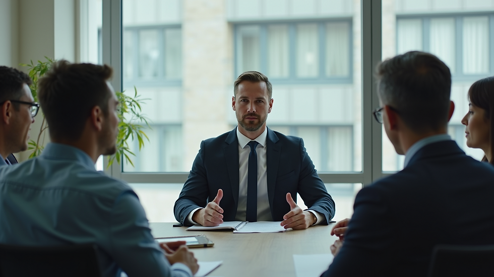 Wide angle view of employees participating in a performance review discussion
