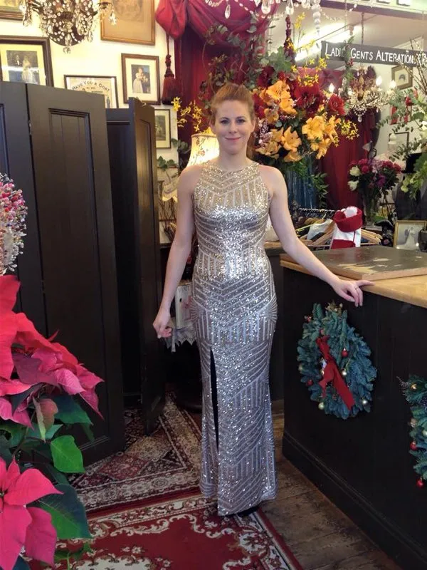 Woman in silver evening gown