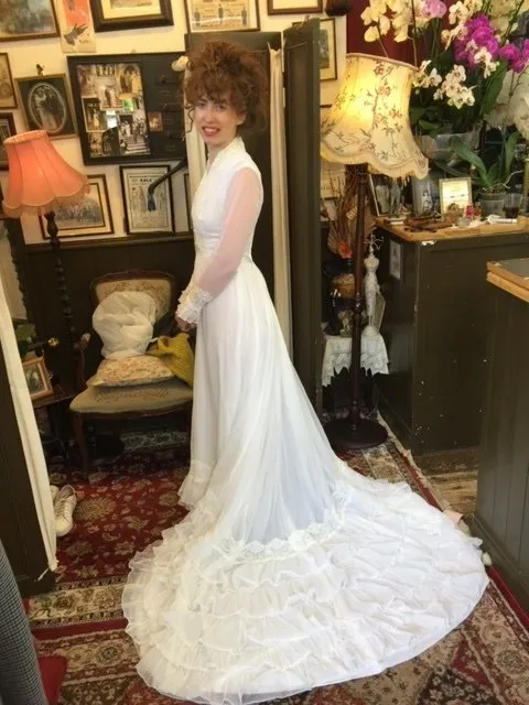 Woman in a long flowing wedding dress