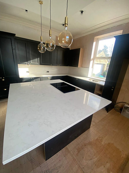 Kitchen with black units and white island