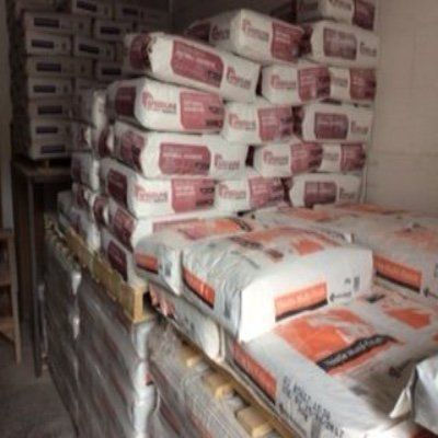 Plaster sacks in a warehouse