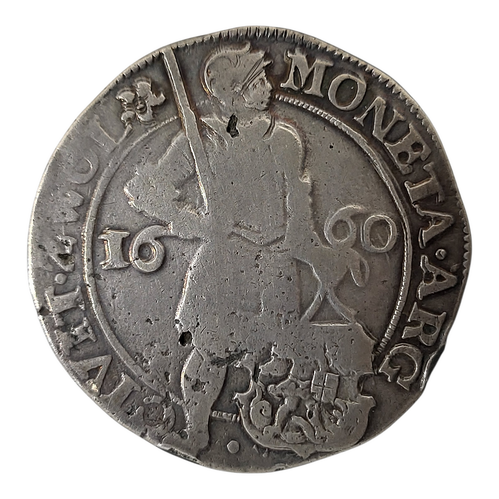 Zilveren munt met tekst en afbeelding van Rijderschelling Gelderland 1691.