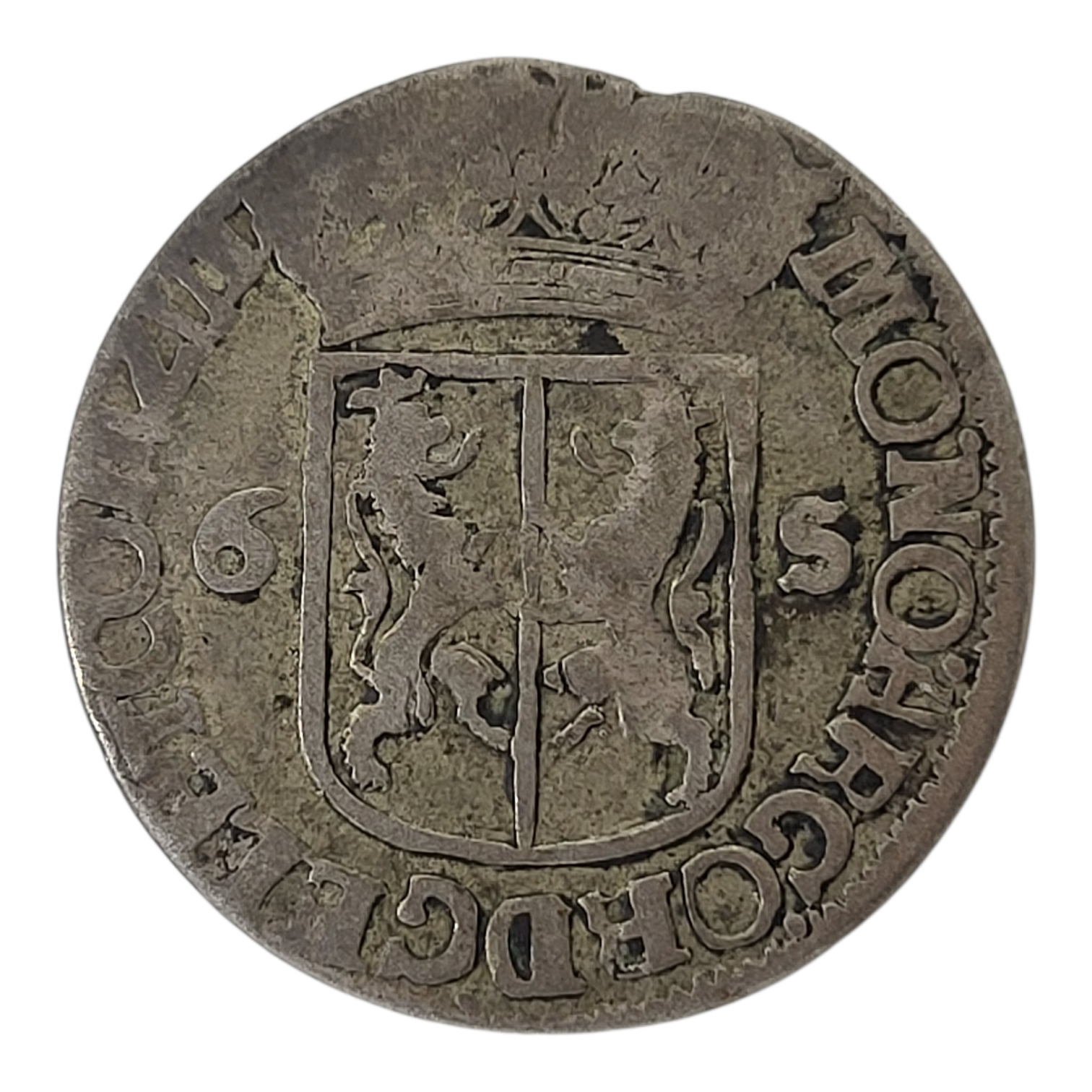 Oude zilveren munt met leeuw en tekst; Rijderschelling Gelderland 1691 details zichtbaar.