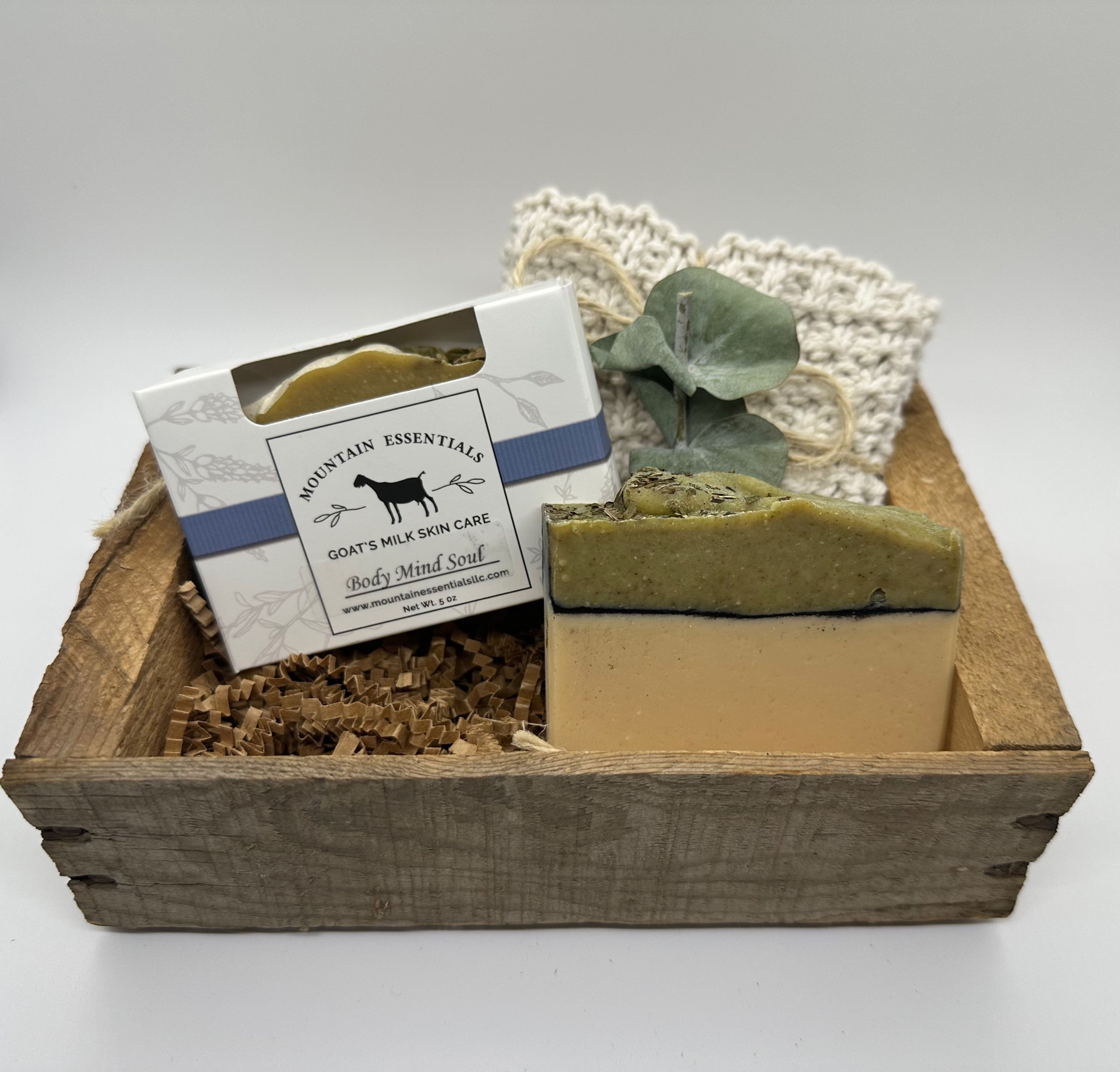 Two bars of soap in a wood box