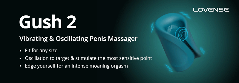 Gush 2 ad showing a teal vibrating penis massager on a dark background. Text describes its features and benefits, with the brand name Lovense.