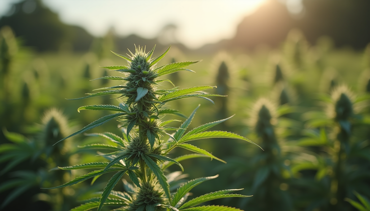 Eye-level view of a sativa cannabis plant with tall, thin leaves under natural sunlight